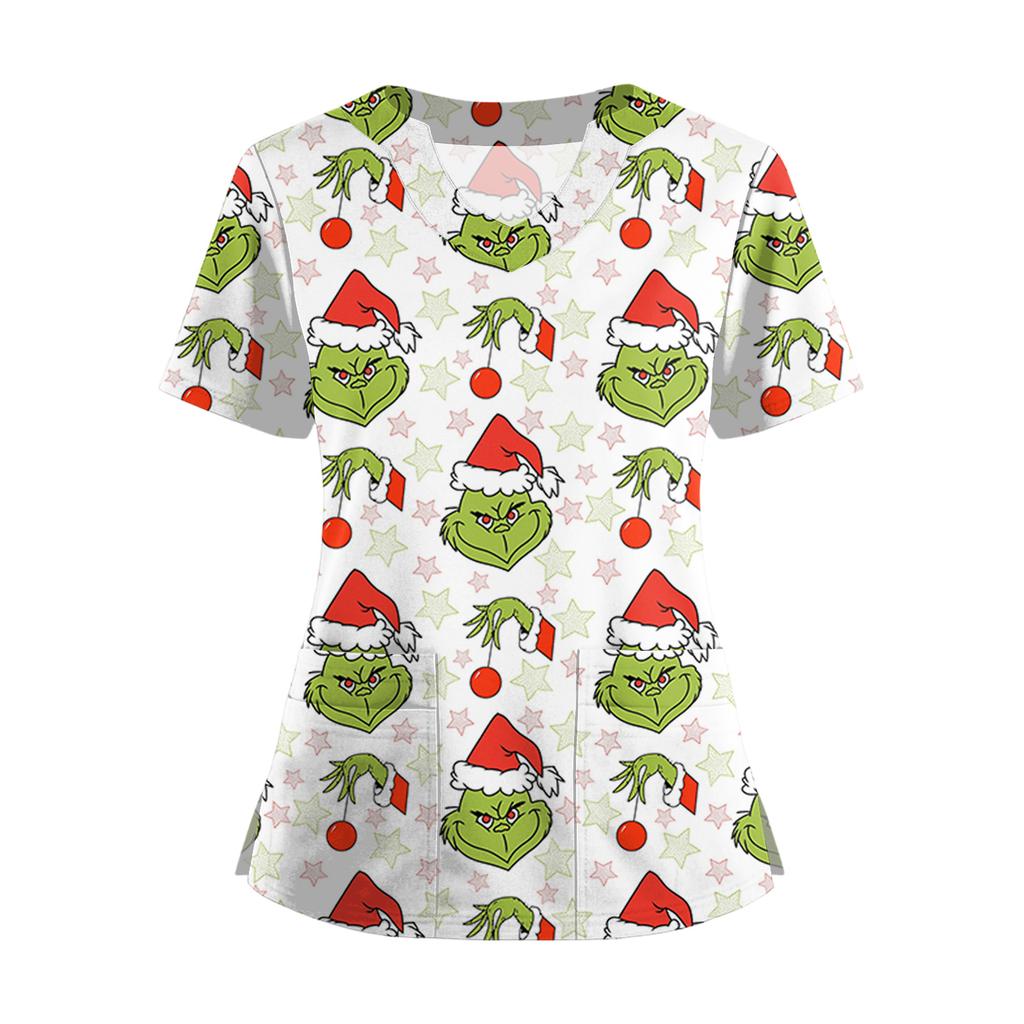 Women's Short Sleeved Christmas Printed V-neck Buttonable Side Slit Top T-shirt