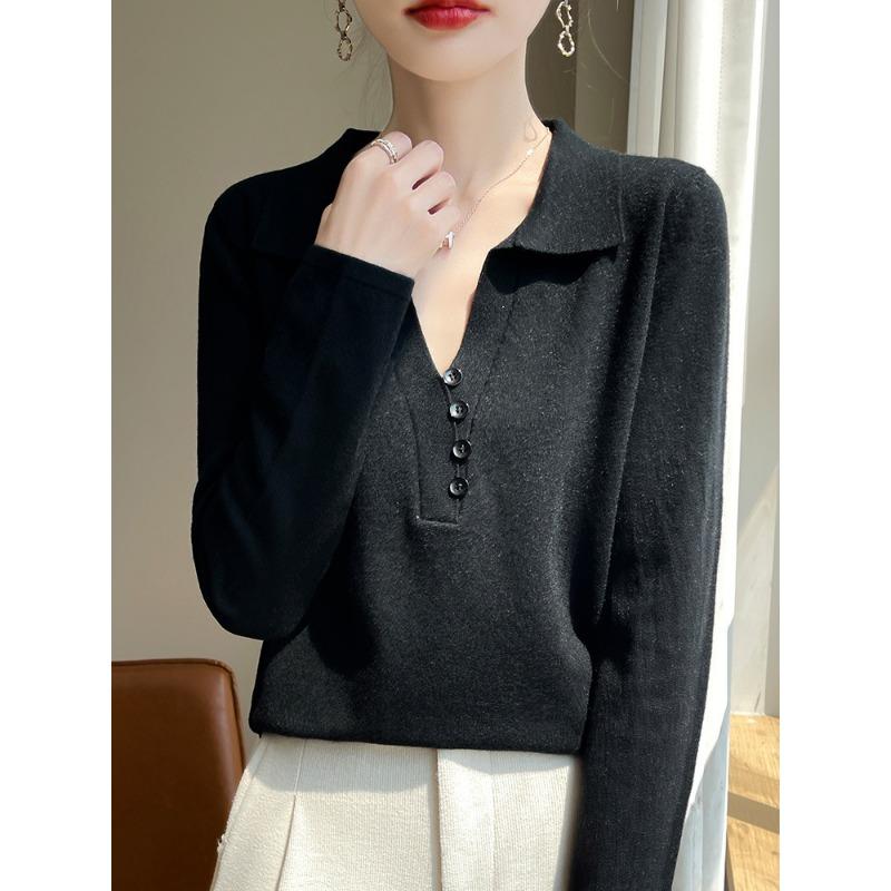 

Осень и зима новый трикотажный свитер PO с круглым вырезом однотонный дизайн с пуговицами свободный универсальный топ-базовая рубашка XXL чёрный