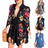 Mode Damen Tiefer V-Ausschnitt Langarm Pfau Blumen Print Wickel Mini Kleid