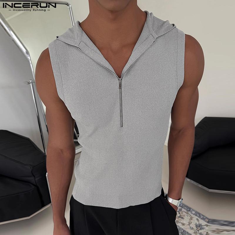 INCERUN Men Sleeveless Zip-up Rib Casual Hooded Tank Tops 