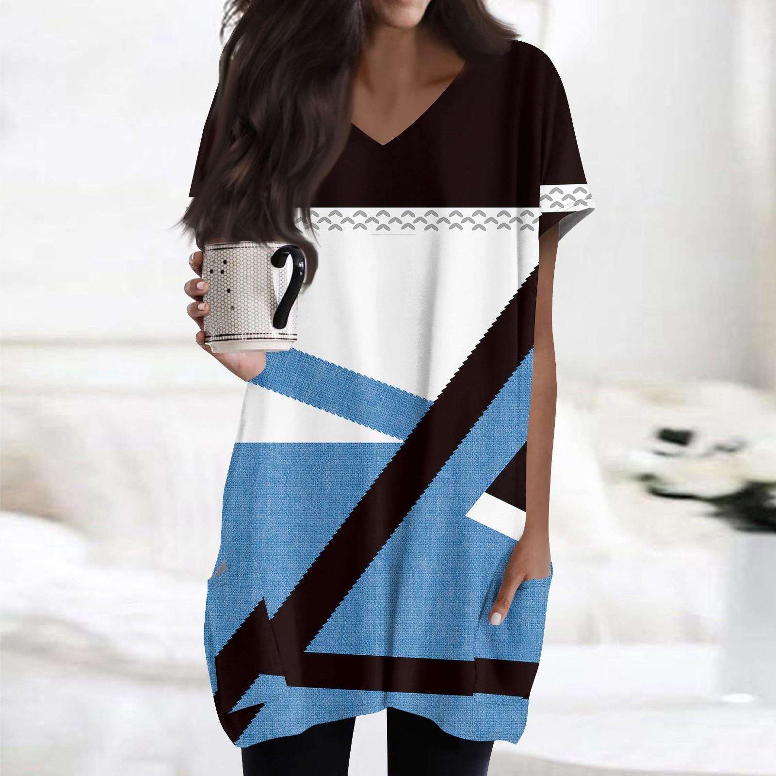 

Жіночі топи з V-подібним вирізом і короткими рукавами, повсякденні сорочки середньої довжини, модні туніки з принтом і кишенями S