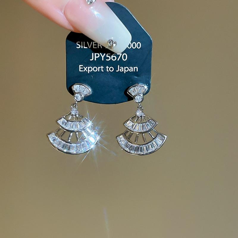 Korean silver needle zircon fan stud earrings light luxury high sense exquisite versatile earrings new huge good-looking earrings