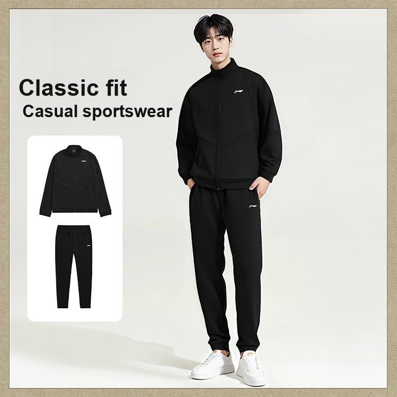 Li Ning Loose Fit Drop Shoulder Sweatshirt And Mid Waist Pants Casual Sports Set Men sweatshirt, pants Black AWEU041-1