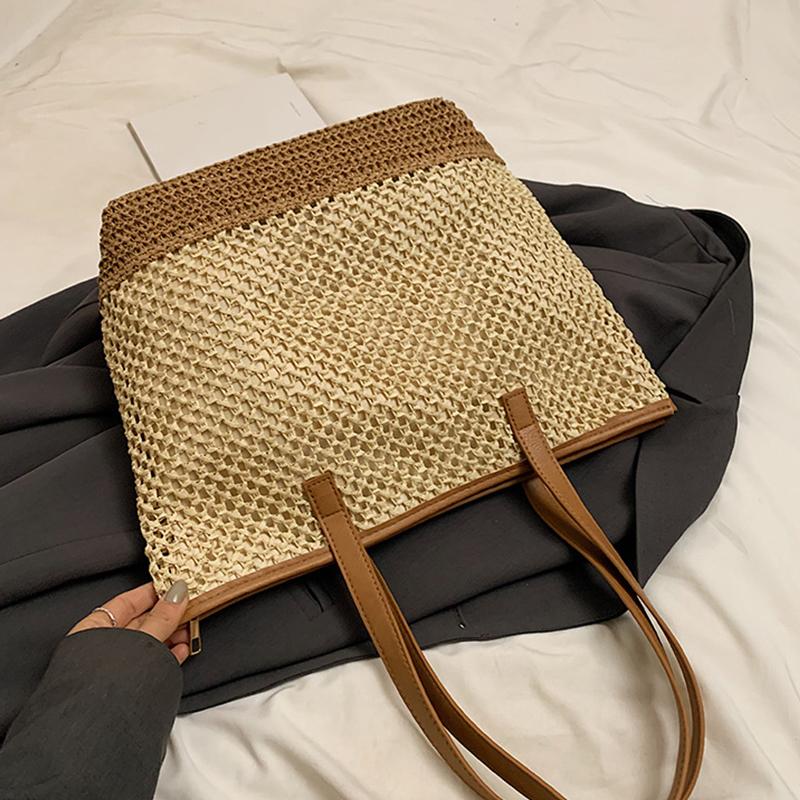 Women Crochet Beach Handbag PU Patchwork Weaving Travel Bag Contrast Color Simple Shoulder Bag Ladies Summer Daily Bag