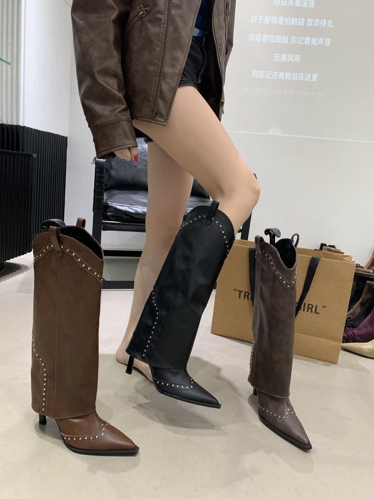 Pointed thin heel boots 2025 autumn new retro high heel trouser boots niche versatile high tube fashion boots women