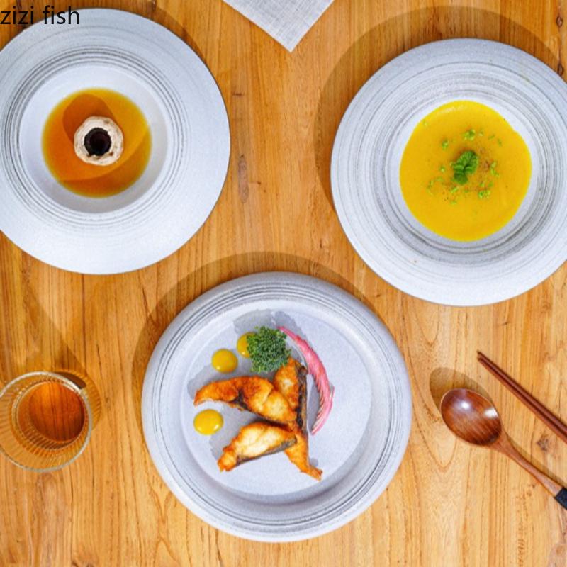 Ceramic Dinner Plate Coarse Pottery Straw Hat Bowl Pasta Plates Soup Plates Fruit Dish Salad Bowl Sting Disc Dim Sum Dish Tray