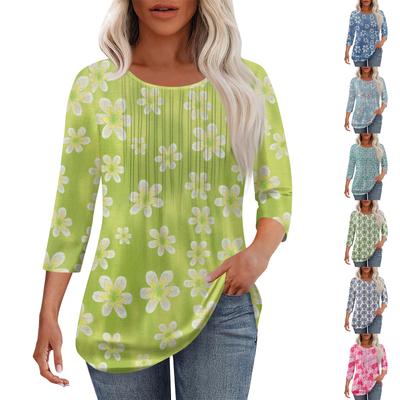 Tricou de damă la modă casual plisat cu gât rotund, casual, cu imprimeu floral, cu mâneci trei sferturi