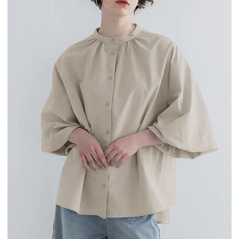 Summer Simple Loose Slim Half High Neck Three-quarter Sleeve Solid Color Pullover Chiffon Shirt Shirt Top for Women