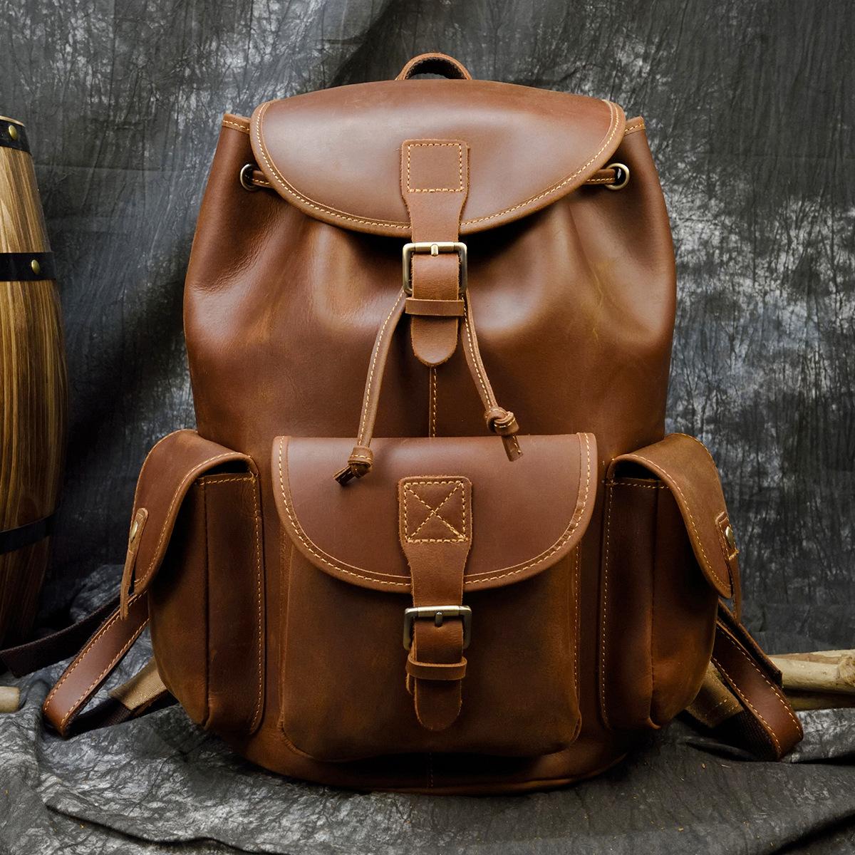 Vintage Crazy Horse Leather Backpack Men`S