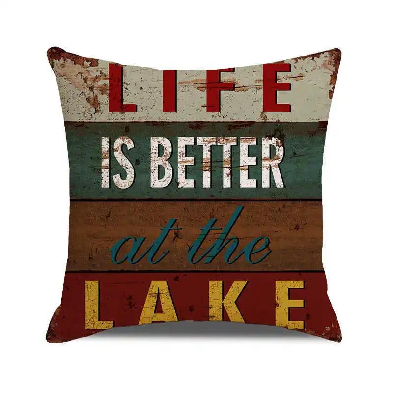 Home Chair Seat Furniture Pillow Cover Retro Industrial Style Cushion Wood Grain Letter Decor Pillowcase