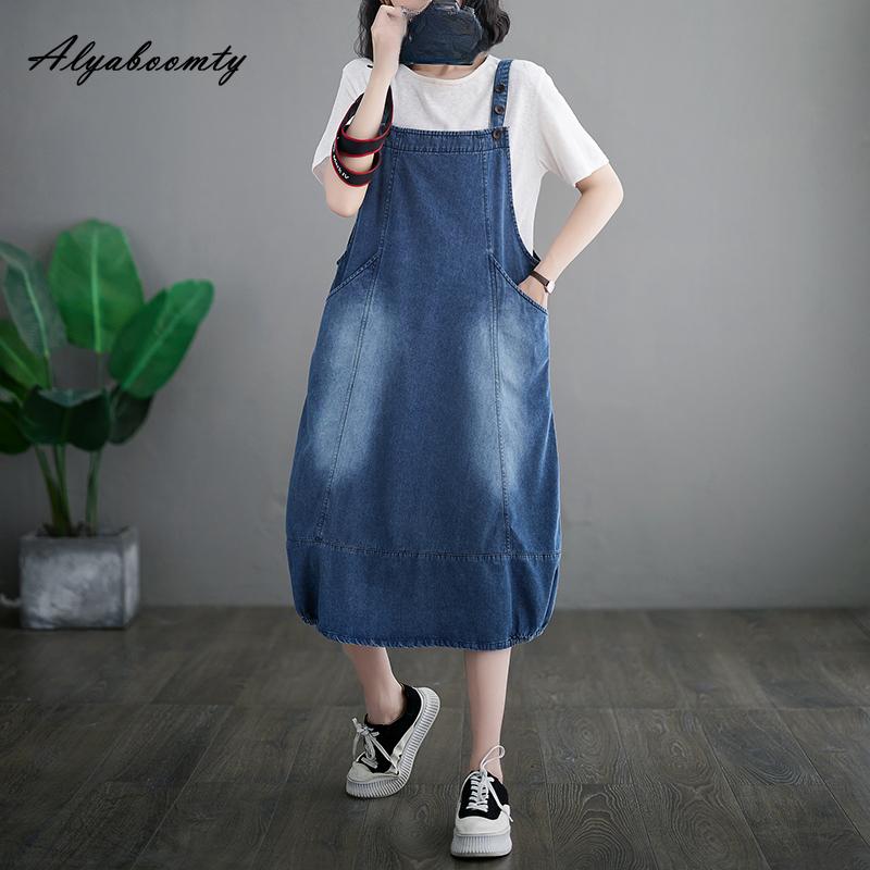 Plus Size Korean Style Women Denim Baggy Sundress Suspenders
