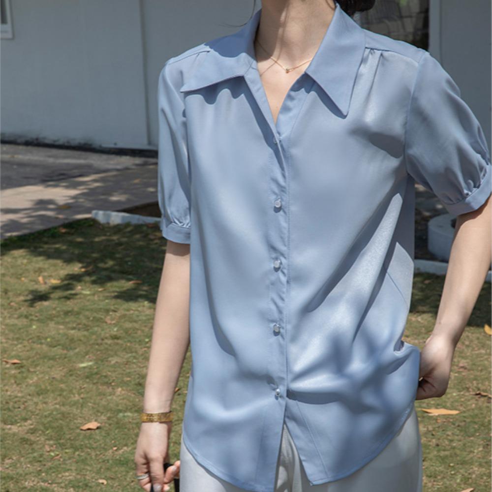 GMXIA Women's Chiffon Shirt Summer Design Tops Loose Slim Lazy Style Short Sleeve Blouse