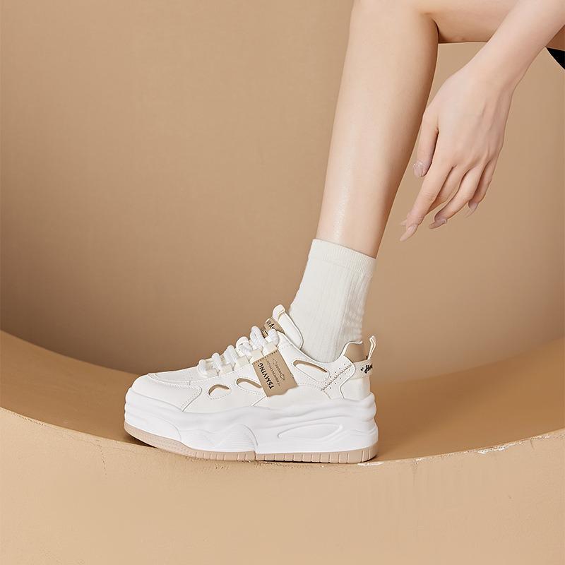 Small size leather little white shoes for women, thick-soled inner height-increasing lace-up casual shoes for women, student shoes for women