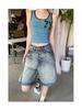 2025 Spring/Summer American Retro High-Waisted Distressed Denim Mid-Length Women's Shorts, Versatile Loose Wide-Leg 5-Point Pants
