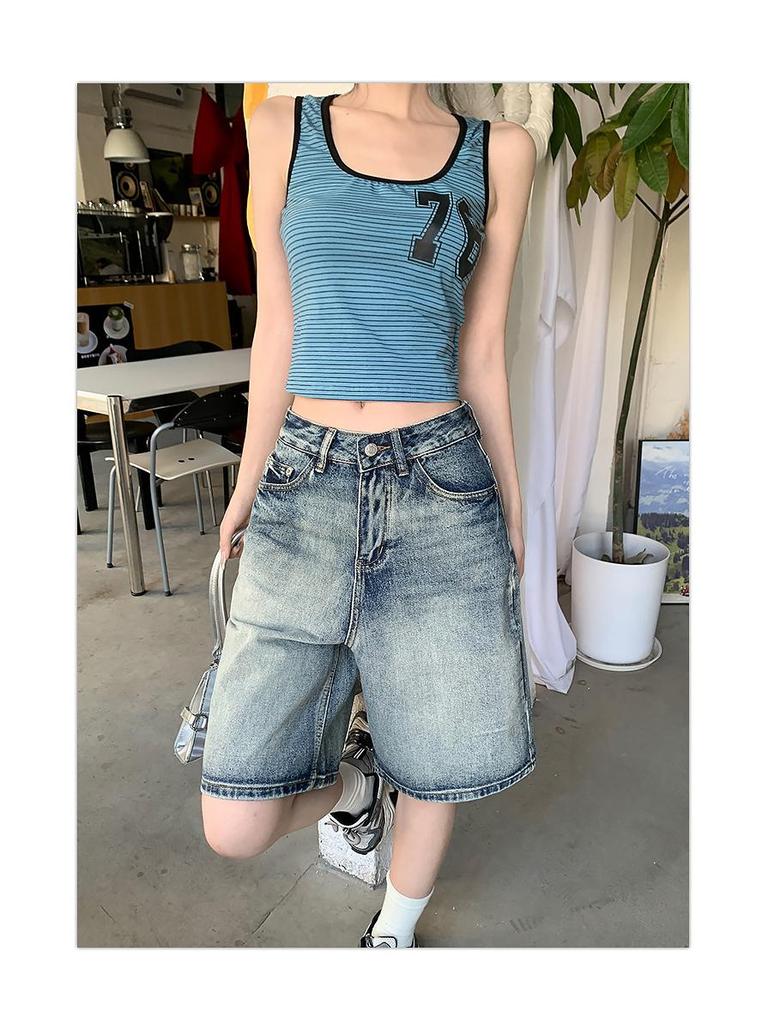 2025 Spring/Summer American Retro High-Waisted Distressed Denim Mid-Length Women's Shorts, Versatile Loose Wide-Leg 5-Point Pants