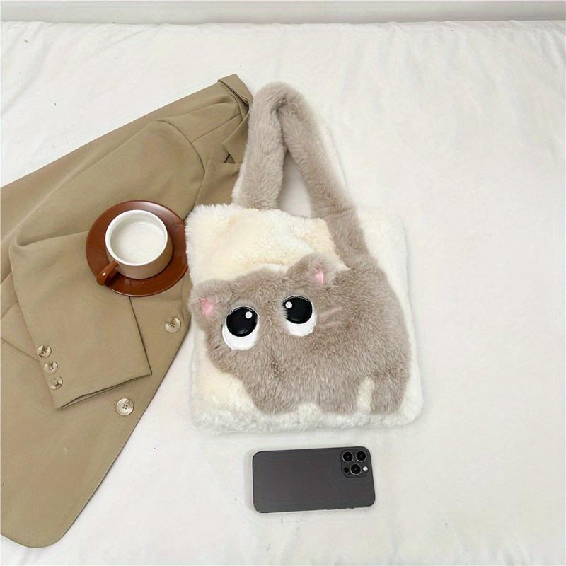 Fashion Cute Plush Cat Pattern Shoulder Bag, Autumn Winter Chic Plush Tote Bag for Women, Cartoon Cat Soft Faux Fur Handbag