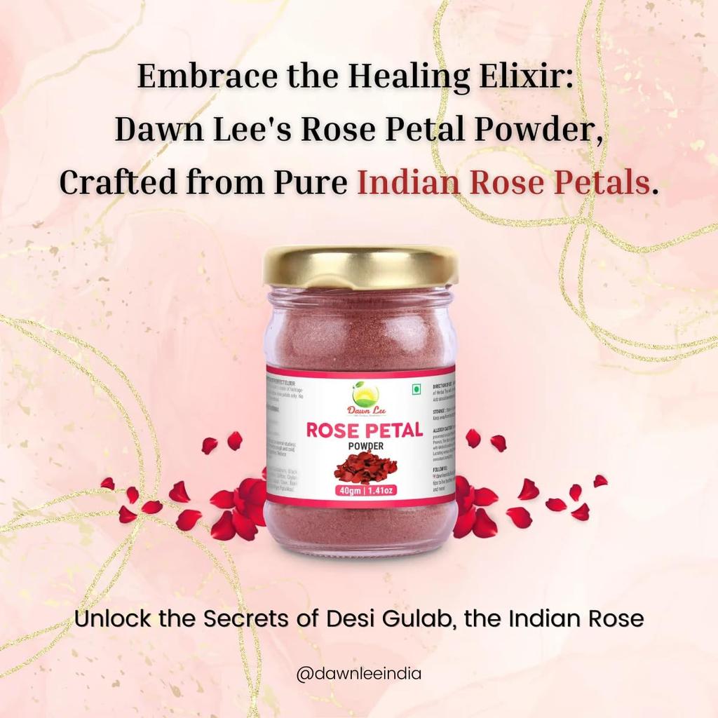 Dawn Lee Rose Petal Powder – 40g Natural Indian Desi Gulab Powder for Face, Skin & Hair | 100% Pure & Chemical-Free | For Face Pack, Tanning, Glowi
