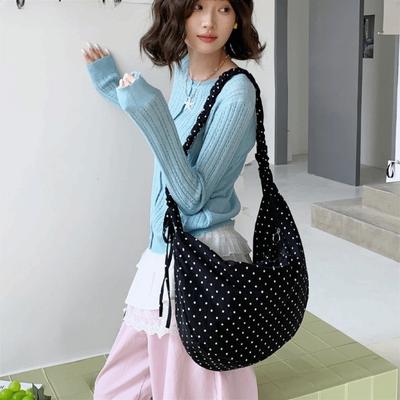 Adjustable Polka Dot Nylon Crossbody Bag Drawstring Lightweight Pleated Shoulder Bag Prined Large Capacity Canvas Dumpling Bag
