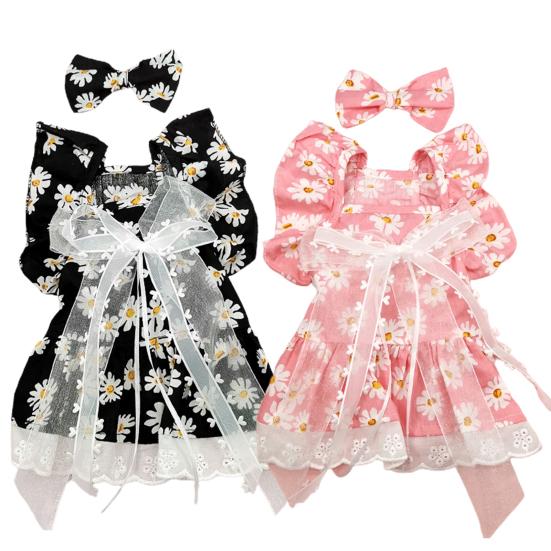 Summer Dog Dress Cute Floral Print Bow Hairpin Breathable Casual Elegant Outfit Wear Bow-knot Lace Princess Dress Pet Cat