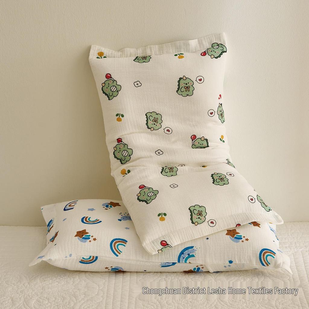 Class A Cartoon Crinkle Gauze Pillowcase Set - 100% Cotton for Kids, 2-Piece Set