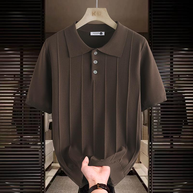 Men's Brown Vertical Rib Knit Short Sleeve Polo Shirt
