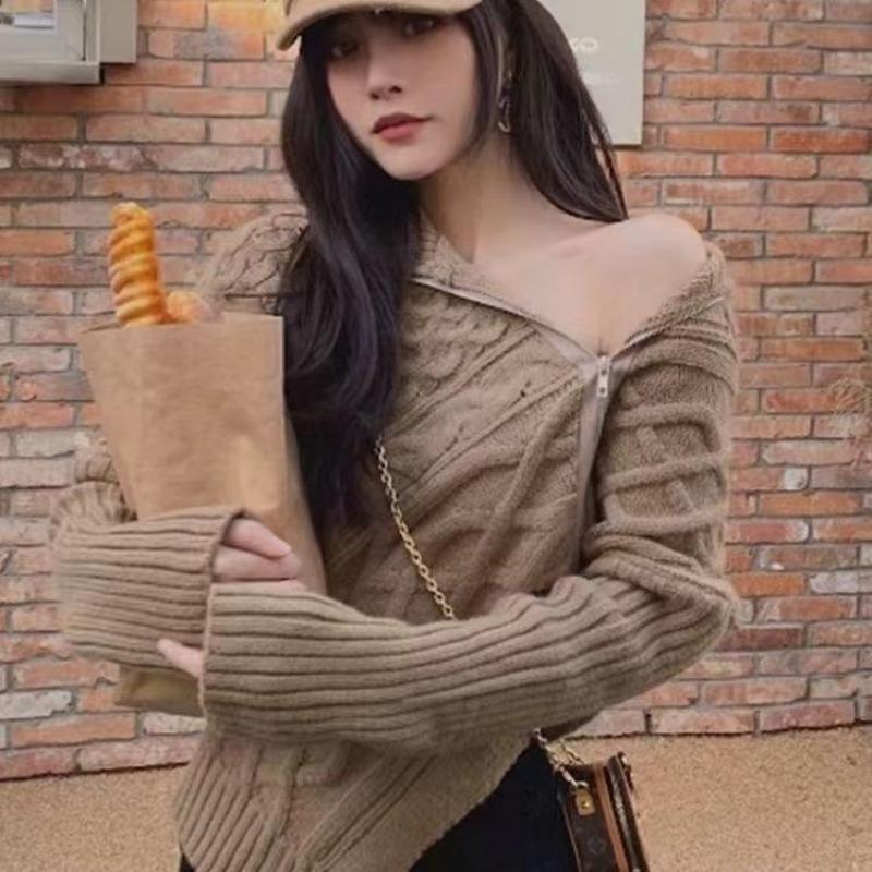 

Новый смысл нишевый свитер с высоким воротом Fried Dough Twists на осень и зиму с нерегулярной молнией свободная трикотажная рубашка вязаный свитер one size хаки