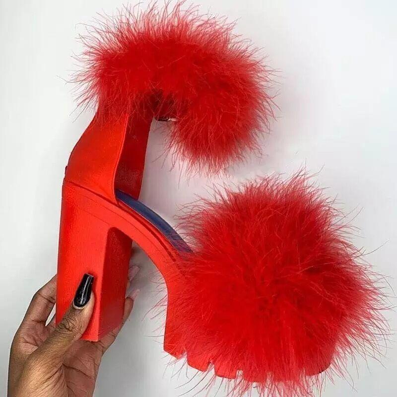 Fashion Woman Furry Sandals High Heels with Fur Female Platform Pumps Women Ankle Strap Women's Wedge Shoes 2025 Summer