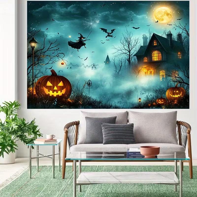 2D Halloween Thema Achtergrond, Heks, Pompoenen en Spookhuis voor Kostuum Fotoshoot