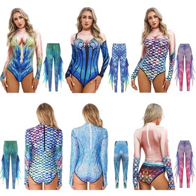 Damen Meerjungfrauen Halloween Jumpsuit S-XL: Glamouröser Fischschuppen-Print mit Stehkragen & Hoher Taille, Langärmeliges Rollenspiel-Kostüm