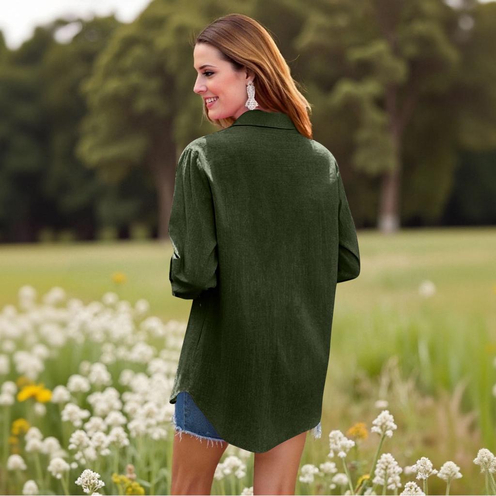Women's Casual Color Tops Long Sleeve Button Loose Breathable Shirt