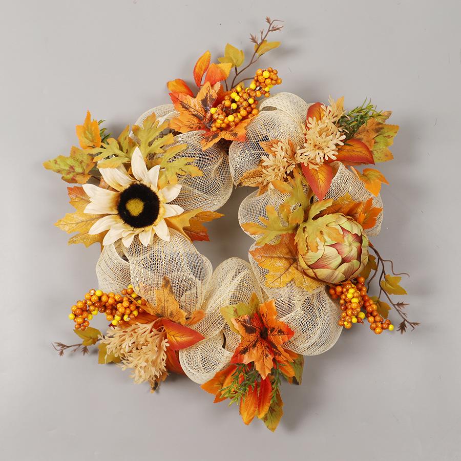Autumn Sunflower & Maple Leaf Wreath: Thanksgiving & Halloween Decoration Wall Hanging