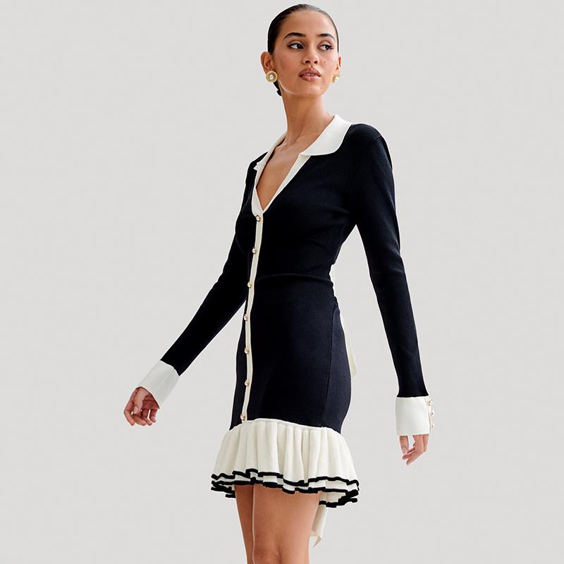 Ruffle Splice Knitwear Dress Women Elegant Bandage Bow Backless Mini Dresses Femme Holiday Long Sleeve Contrast Cardigan Lace Up Vacation Knit Dress