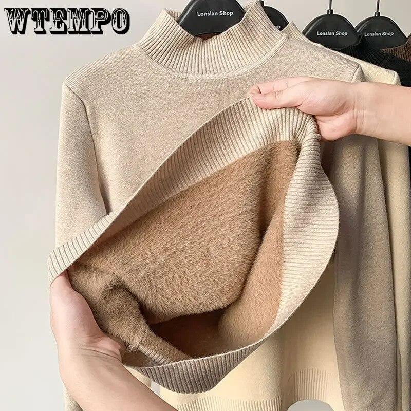 WTEMPO Vintage Turtleneck Winter Sweaters New Casual Knitted Pullover Fashion Fleece Lined Thick Warm Knitwear Women Velvet Tops