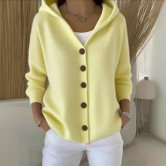 Women's Solid Color Hooded Knit Cardigan - Single-breasted, Long Sleeve, Elegant Commuter Style (2026 Edition)