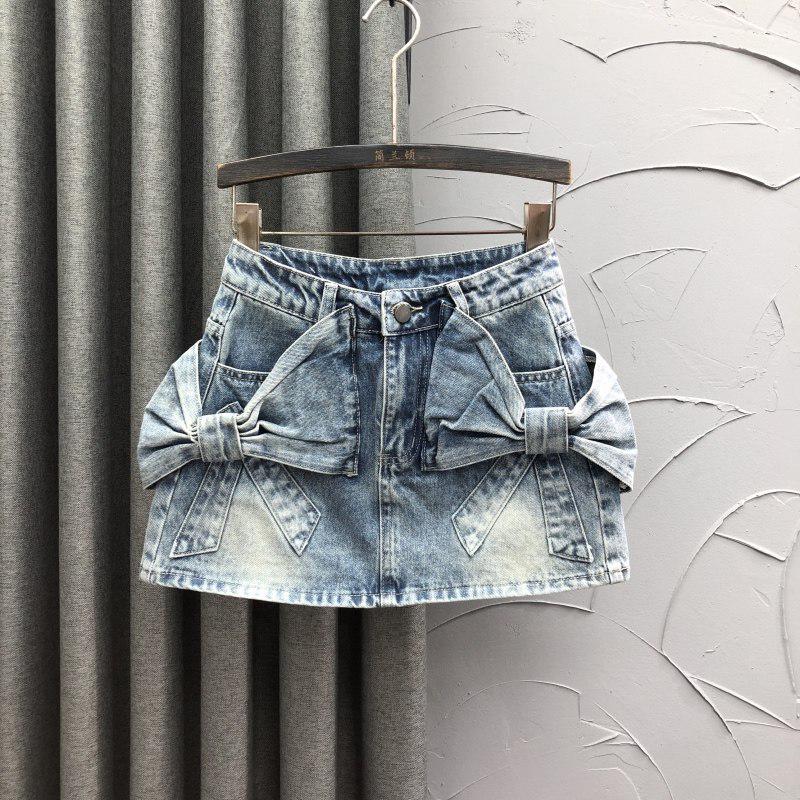 Customized Blue Bow Denim Mini Skirt - Women s High-Waisted A-Line Bodycon for Autumn Fashion S