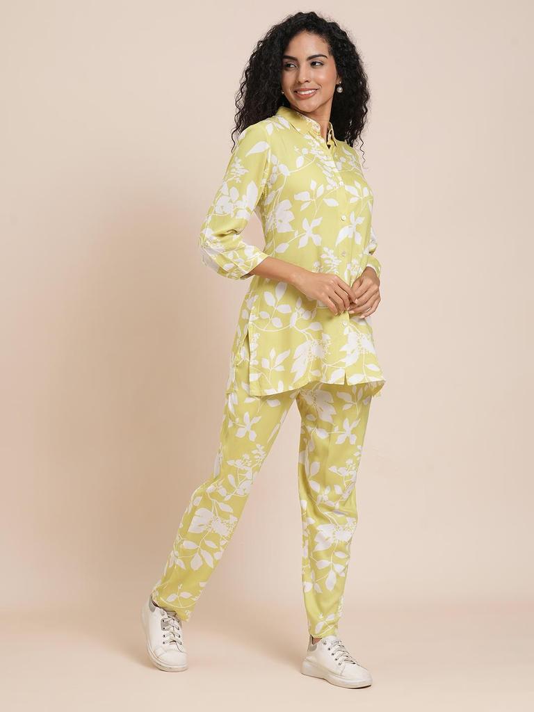 Floral Printed Shirt With Trousers Co-Ords In Lime Green Color