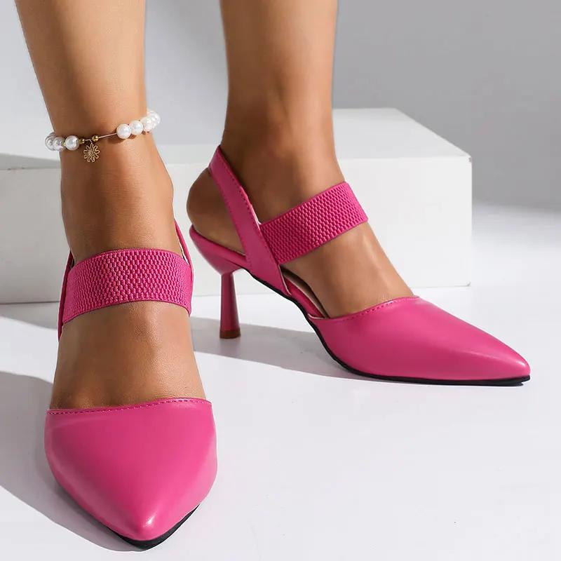 Elegant Rose Red High Heel Sandals for Women Pu Leather Thin Heels Dress Party Shoes Plus Size Elastic Band Pointed Toe Sandals