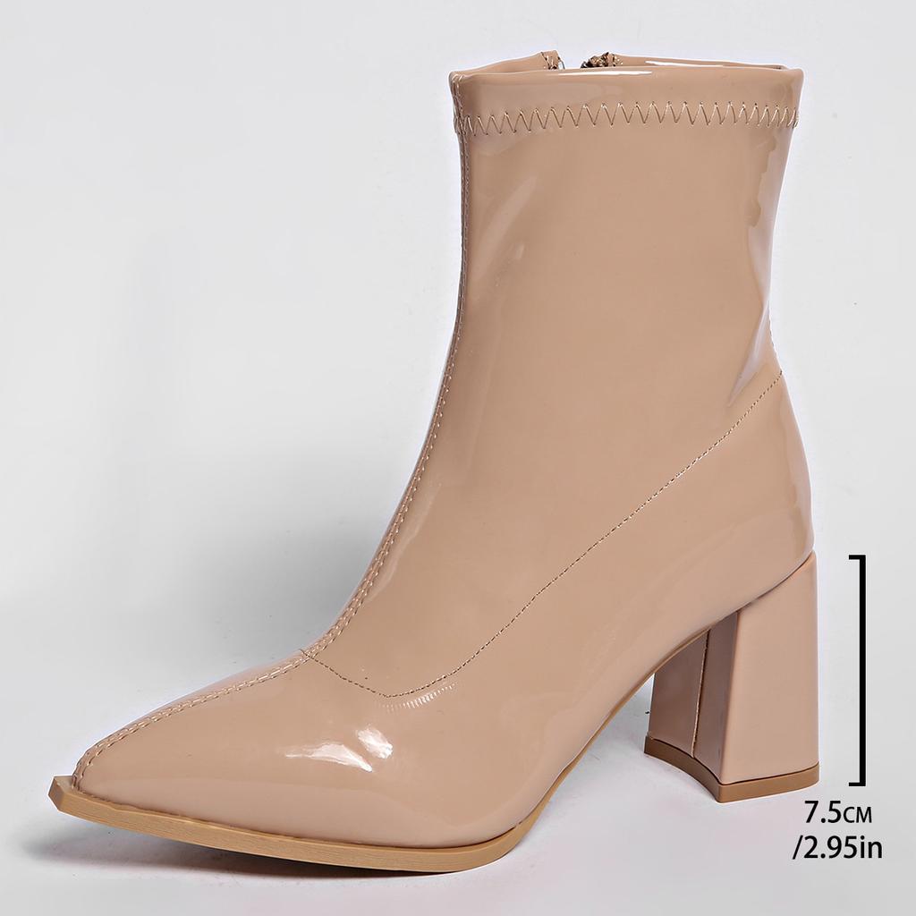Fashion High-heeled Boots for Women Solid Color Pointed Head Side Zipper Fashion Women Shoes Leather Chunky Heel Autumn Bottines Femmes