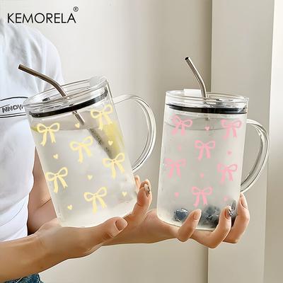 1PCS 1000ML Bow-Knot Glass with Lid and Straw Handle High Borosilicate Glass Glass Water Cup Coffee Cup Summer Winter Drinkware