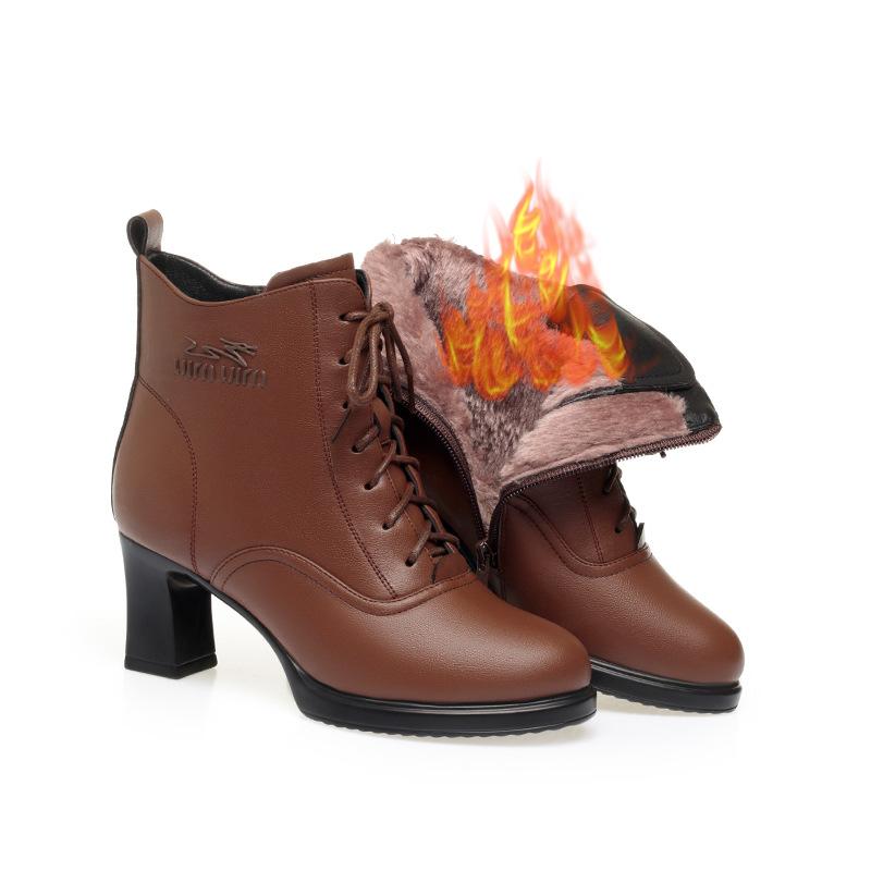 New Autumn/Winter Style Women's Soft Leather Boots with Chunky Heel, High Heel, Waterproof Platform, Fleece Lined