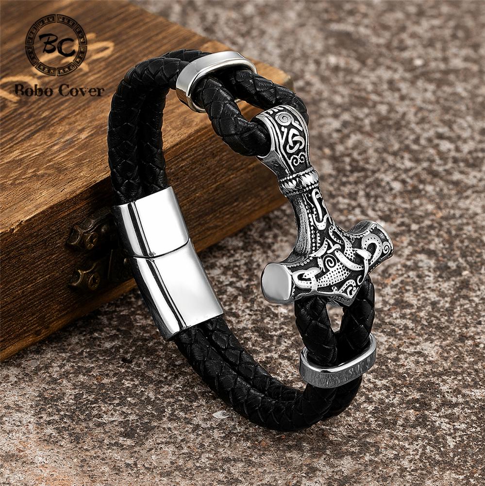 Braccialetto in Pelle con Martello di Thor Vichingo Vintage Uomo Rune Nordiche Mjolnir Braccialetto Punk Amuleti Fatti a Mano Gioielli Scandinavi Regalo