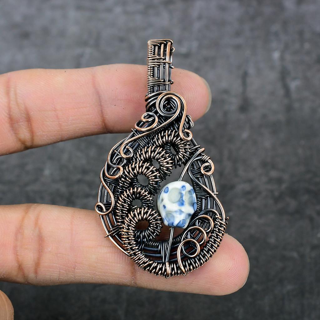 Natural Mosaic Jasper Gemstone Copper Wire Wrap Gift Jewelry Pendant 2.56" E6b25