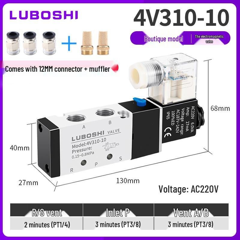 220V Pneumatický solenoidový ventil 4V410-15: 8mm Konektor, 2-polohový 5cestný řídicí ventil pro válec, 24V Směrový pneumatický ventil.