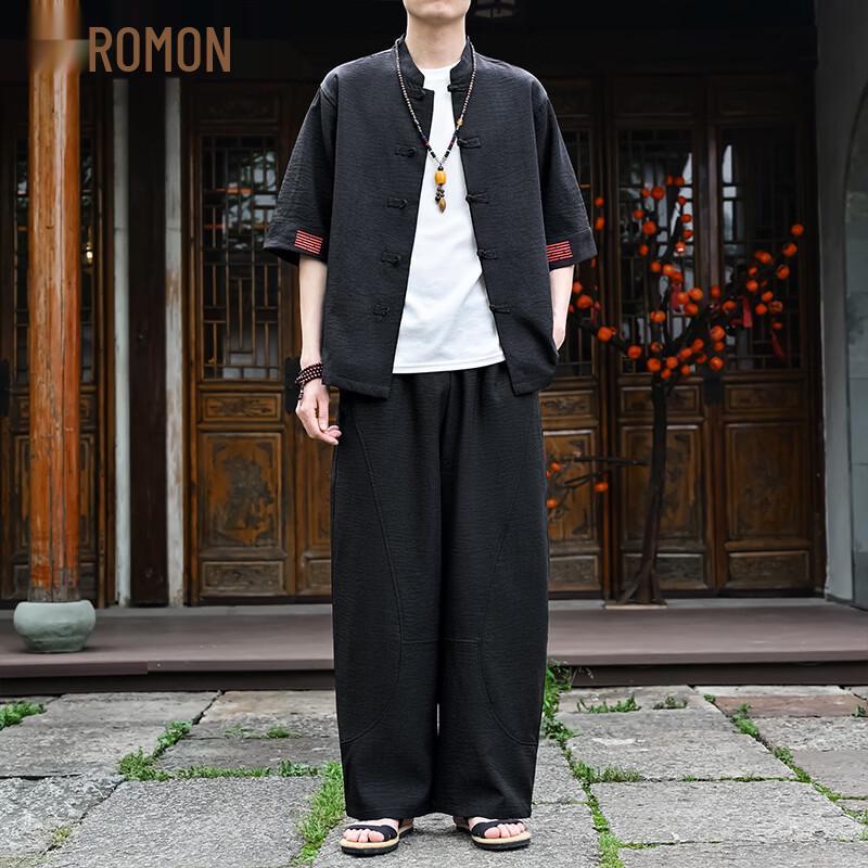 Romon Men s Chinese Style Disc Button Shirt Set 5XL