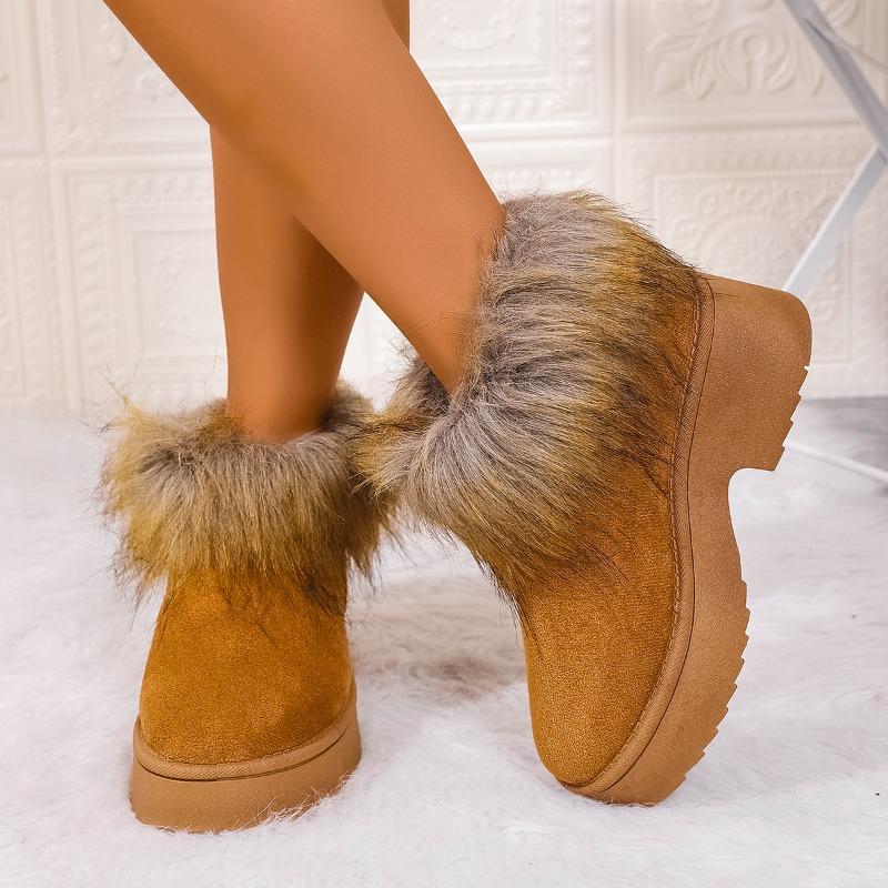 Plateau Schneestiefel Damen Winter Neu Runde Zehen Wildleder Plateau Fleece Rutschfest Warm Tragen Blockabsatz Wolle Baumwolle Schuhe