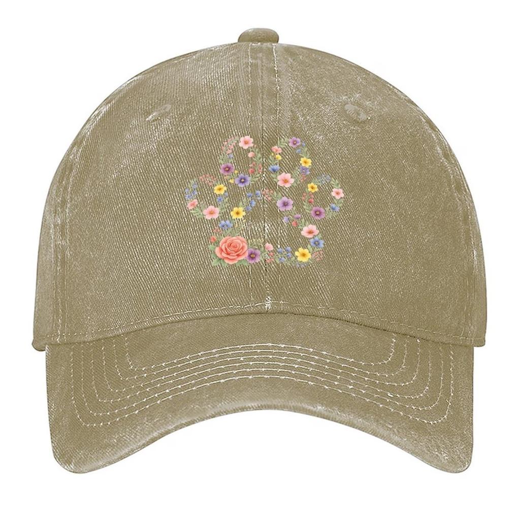 Floral Paw Print Washed Baseball Cap Casual Cotton Curved Brim Dad Hat Unisex Outdoor Adjustable