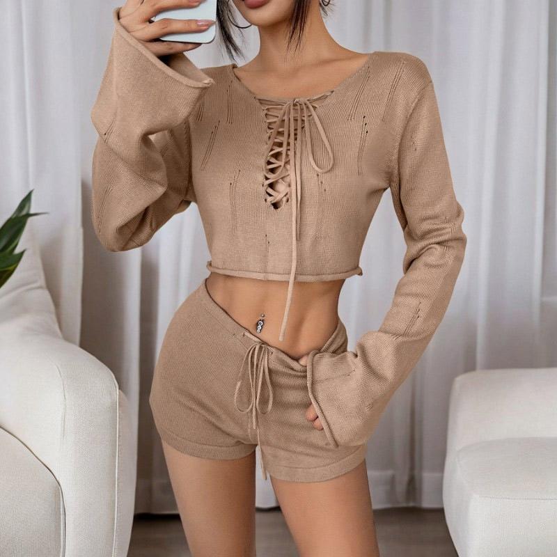 Casual Knit Shorts Suits Women O Neck Long Sleeves Bandage Tops Sets Female Spring Summer Lady Beach Sets 2 Pieces