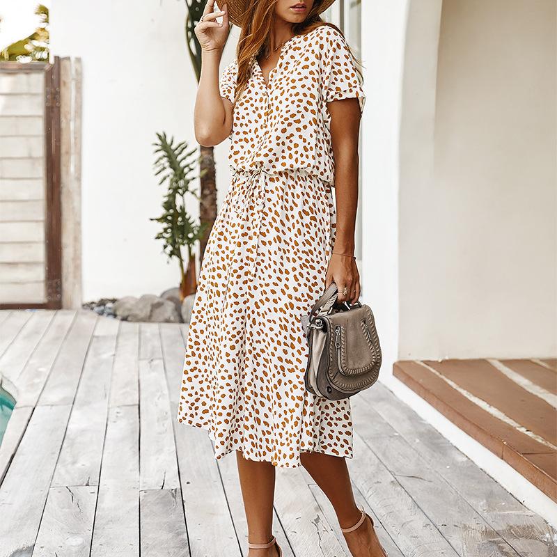 New Women's Polka Dot Chiffon Shirt Dress, V-Neck Short Sleeve Button Front Tie Waist A-Line Midi Dress for Spring Summer