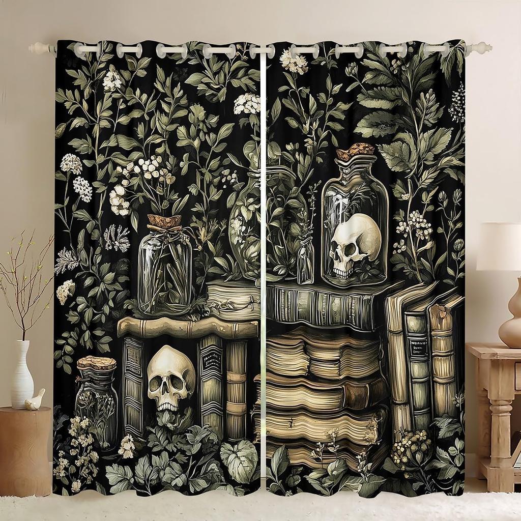 Gothic Skull Botanical Curtains Dark Academia Macabre Print Vintage Floral Drapes Blackout Window Cover for Bedroom Living Room