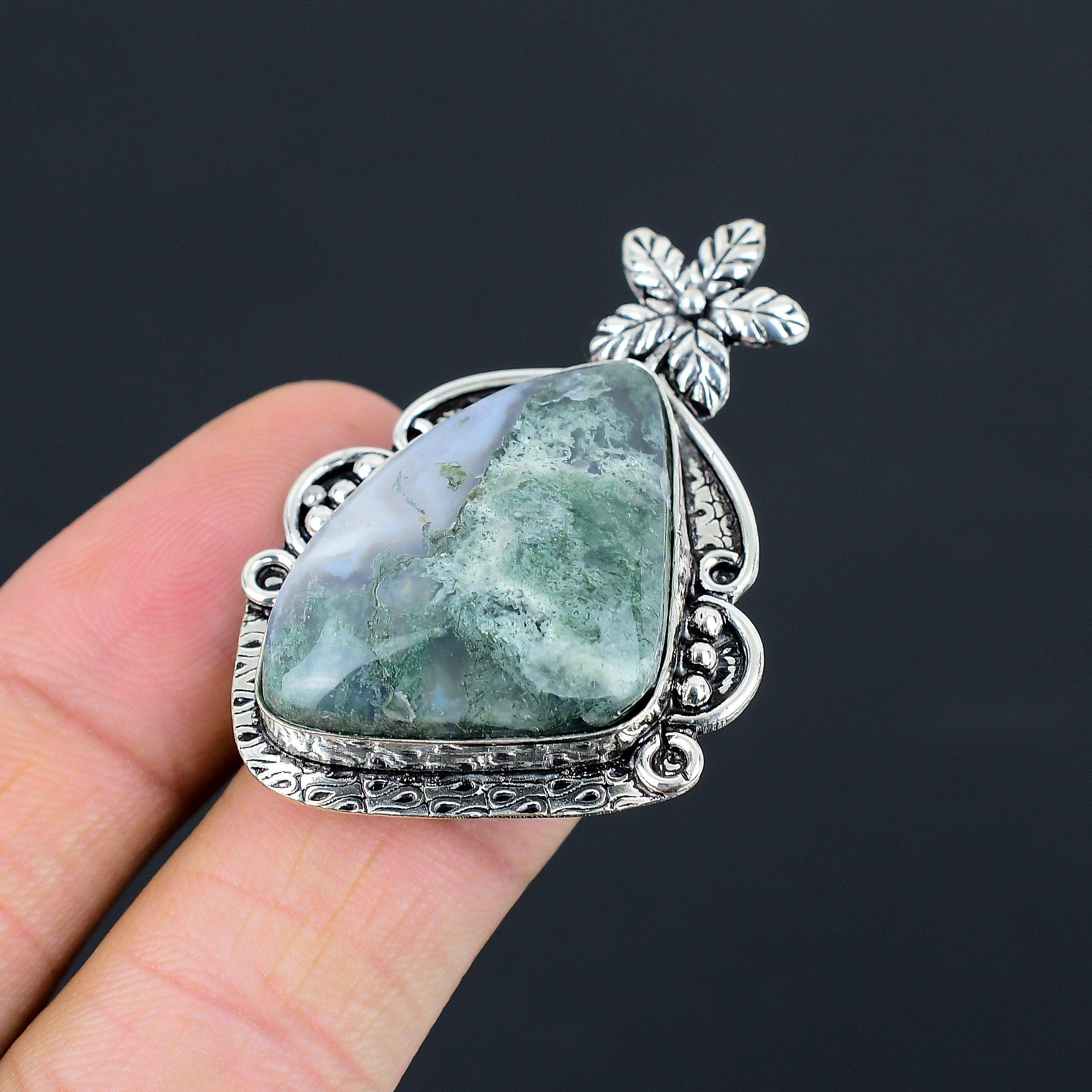 Sterling Silver Solar Moss Agate Stone New Flower Promise Ring Jewelry Size 7.5 7.5